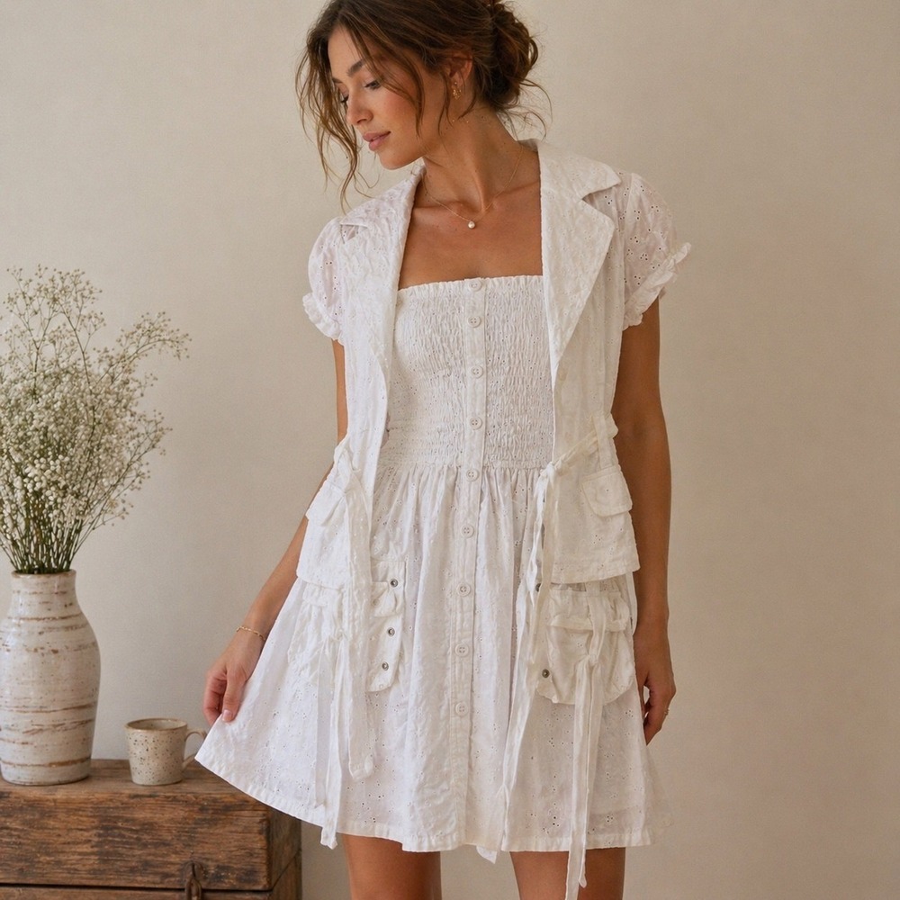 Vintage Y2K Eyelet Lace Dress Jacket‎ Set Womens Size S White Romantic Cottage